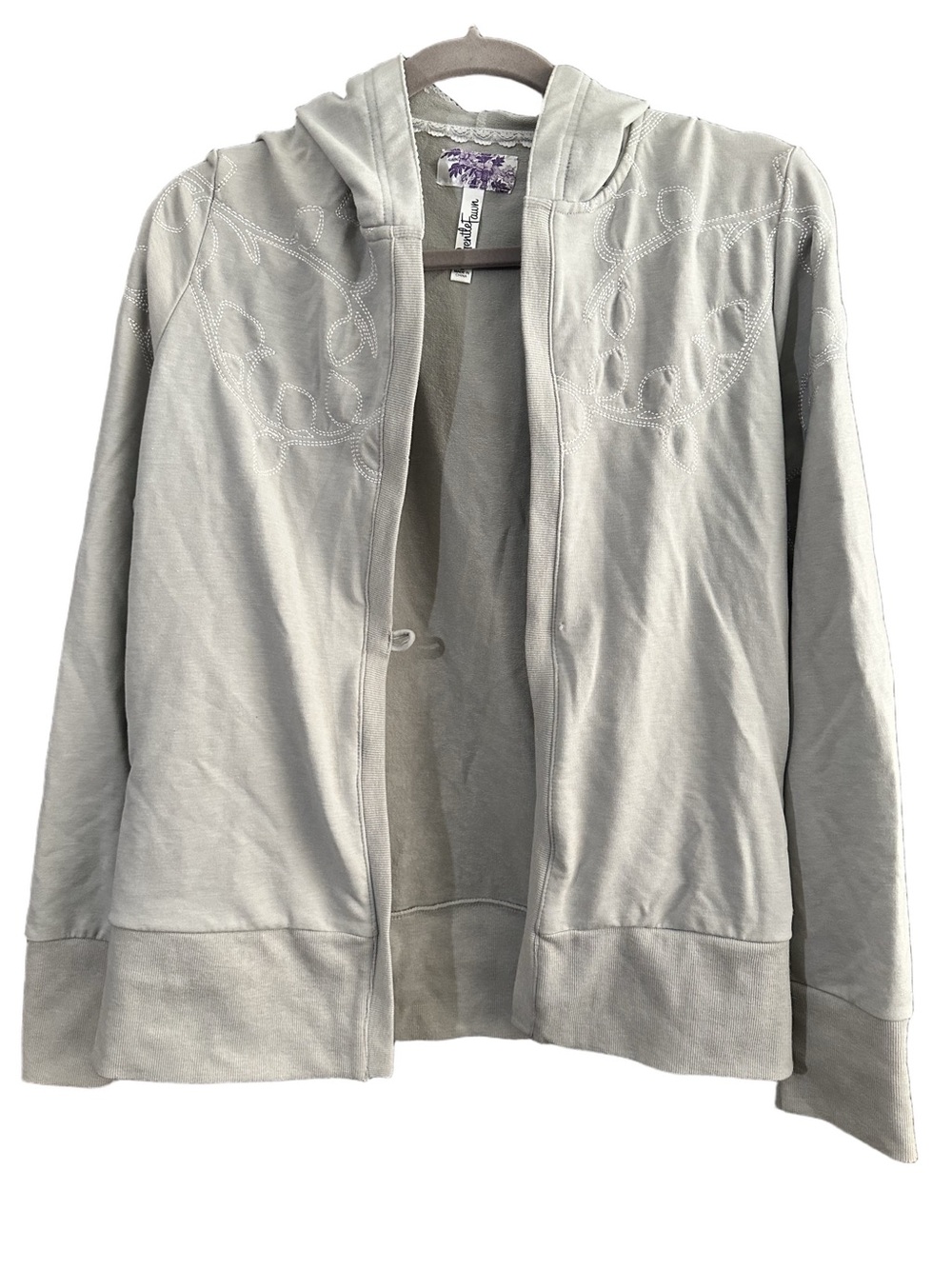 Gentle Fawn Light Gray Hooded Jacket with Subtle Leaves Embroidery Sz Large